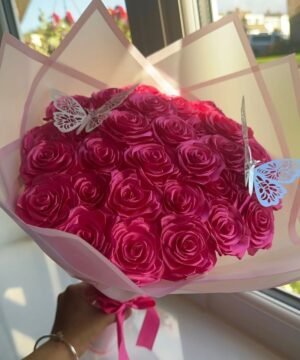 Handmade Satin Ribbon Rose Bouquet with Butterflies – 15 Roses
