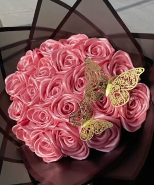 Handmade Satin Ribbon Rose Bouquet with Butterflies – 15 Roses