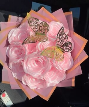 Handmade Satin Ribbon Rose Bouquet with Butterflies – 15 Roses