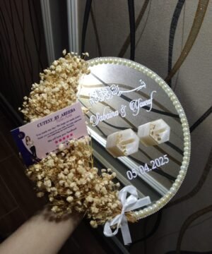Personalized Islamic Engagement Mirror Tray with Dried Flowers