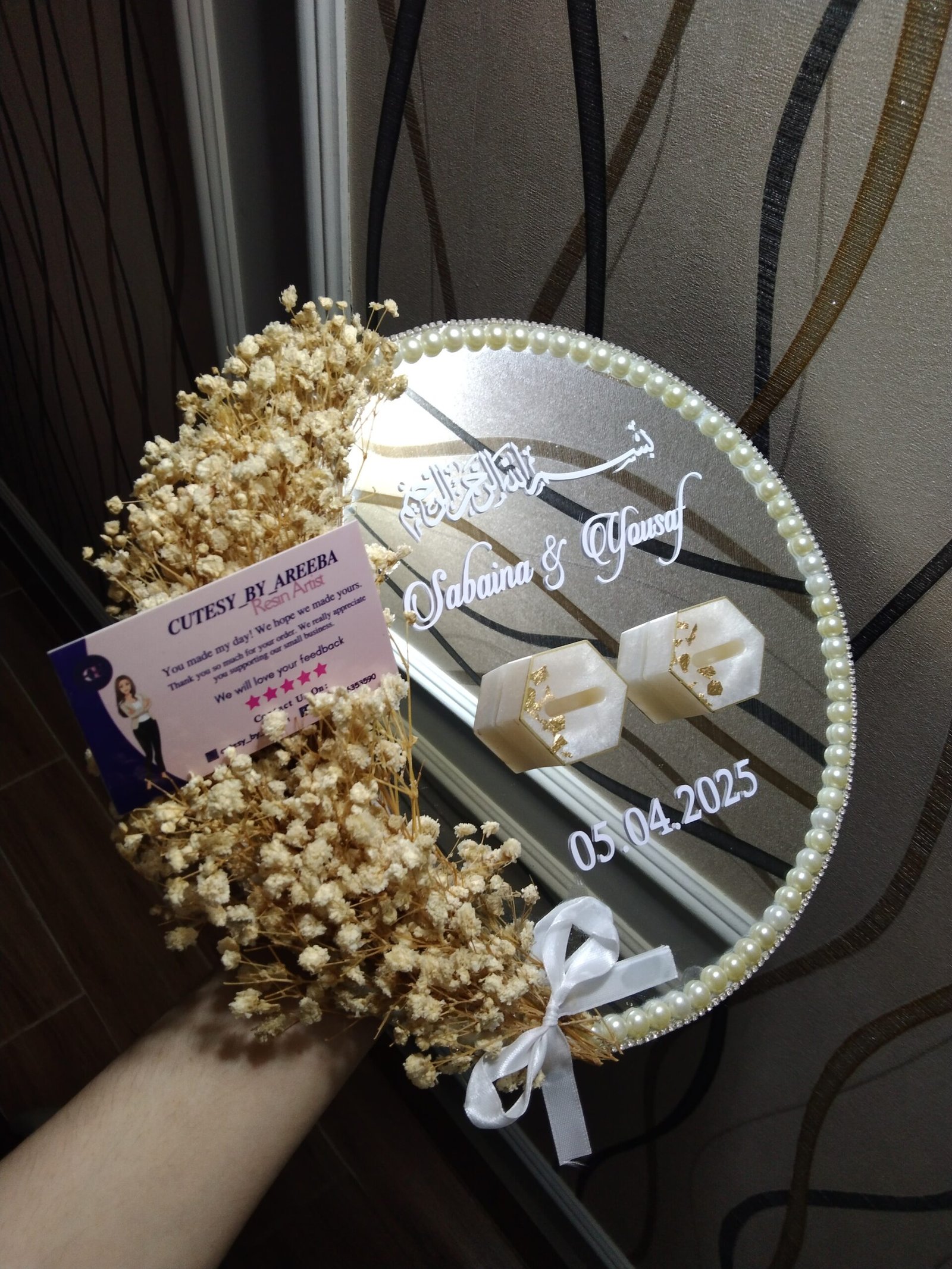 Personalized Islamic Engagement Mirror Tray with Dried Flowers
