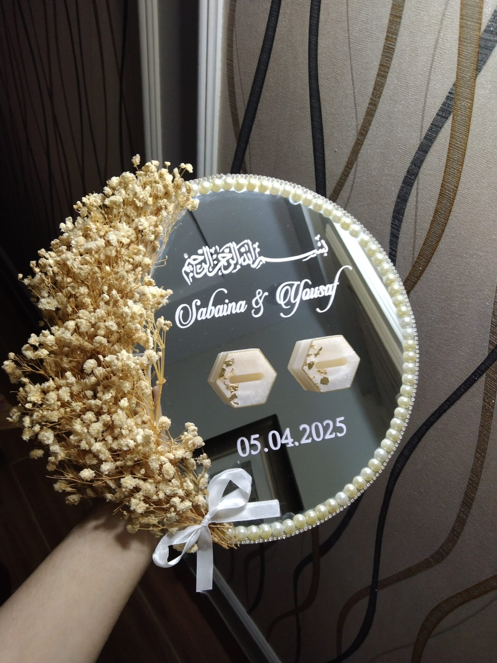 Personalized Islamic Engagement Mirror Tray with Dried Flowers