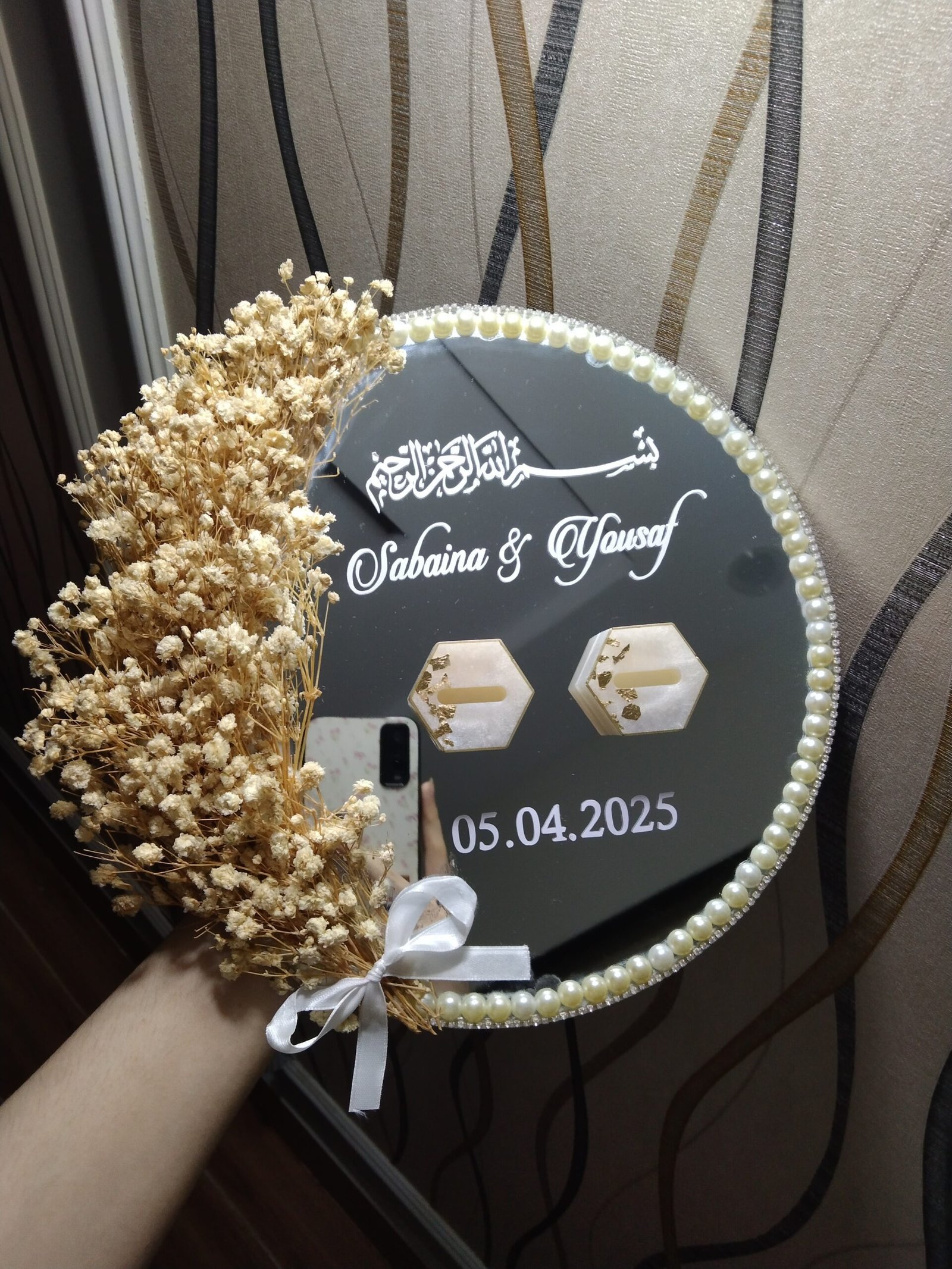 Personalized Islamic Engagement Mirror Tray with Dried Flowers