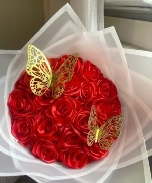 Handmade Satin Ribbon Rose Bouquet with Butterflies – 15 Roses