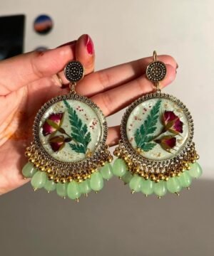 Handcrafted Green Resin Jhumkey with Real Flowers