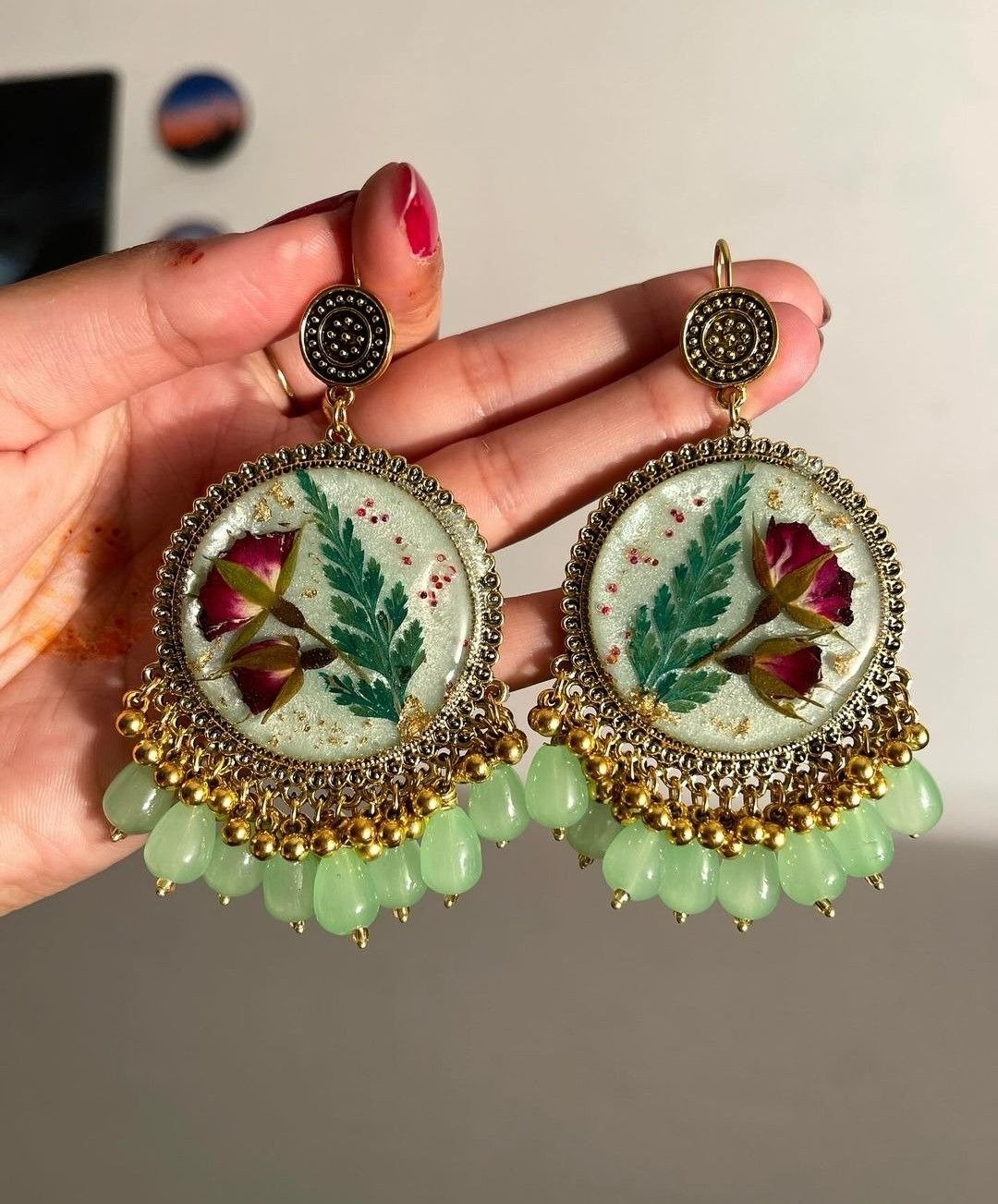 Handcrafted Green Resin Jhumkey with Real Flowers