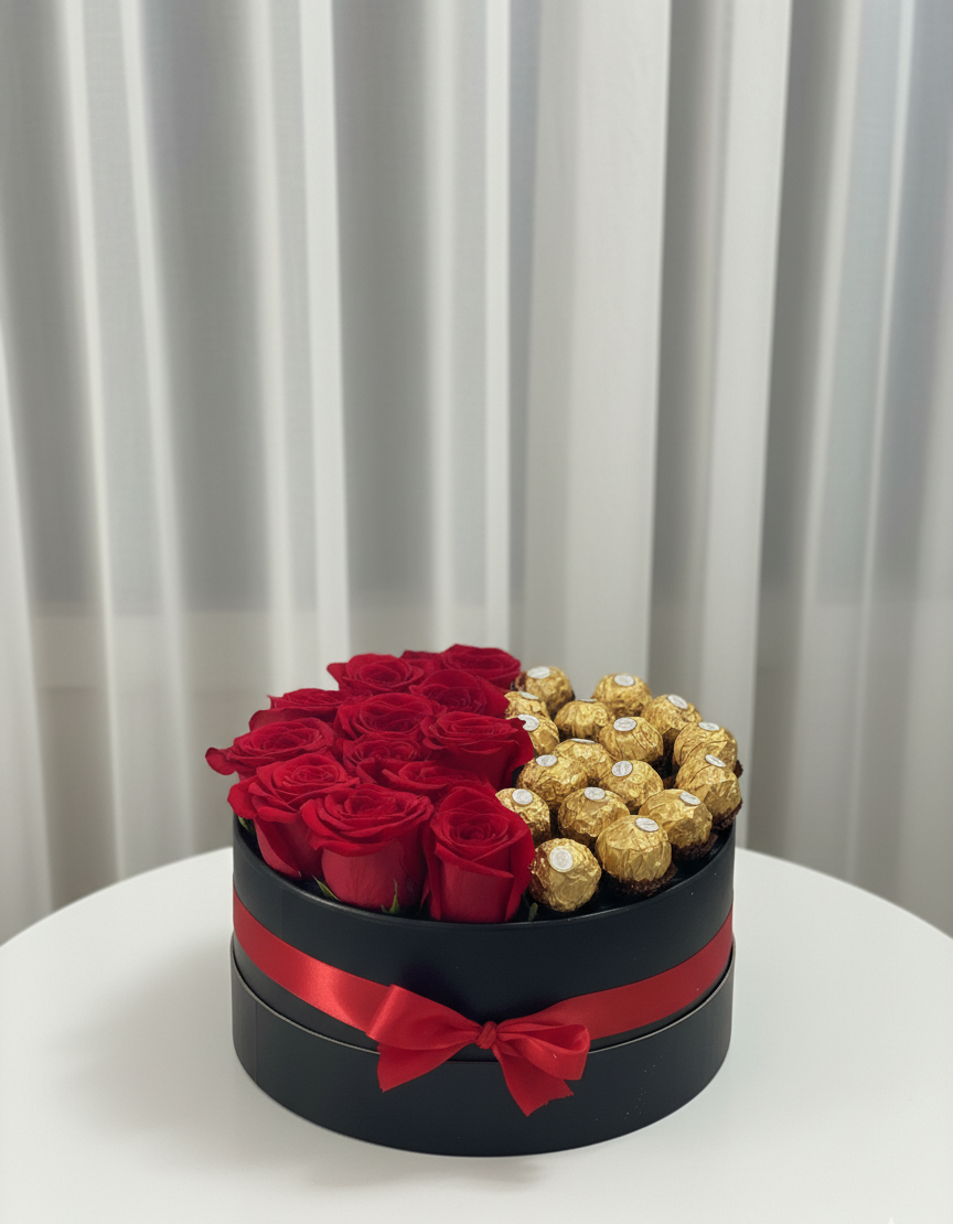 Luxury Round Ferrero Rocher & Red Rose Gift Box