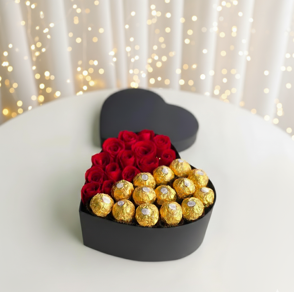 Heart-Shaped Ferrero Rocher & Red Rose Gift Box