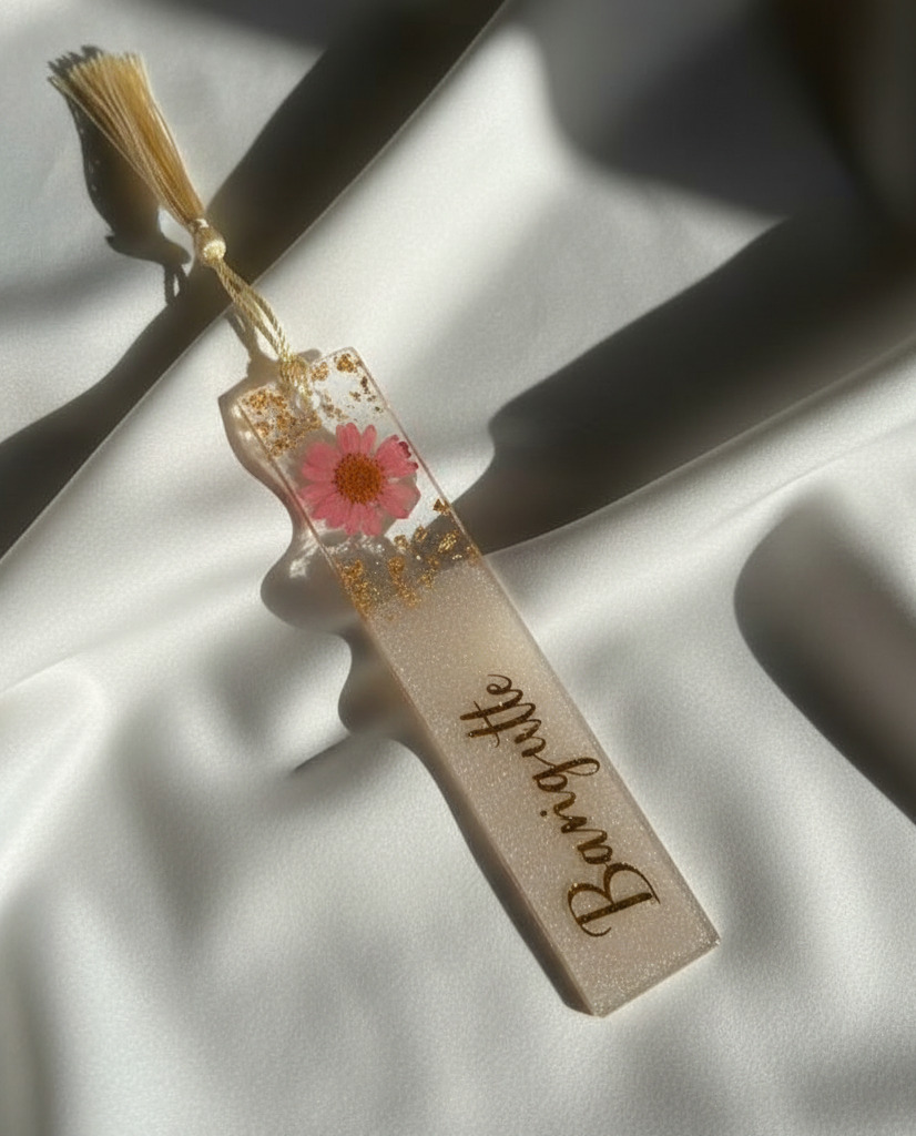 Personalized Floral Resin Bookmarks with Gold Flakes & Tassel