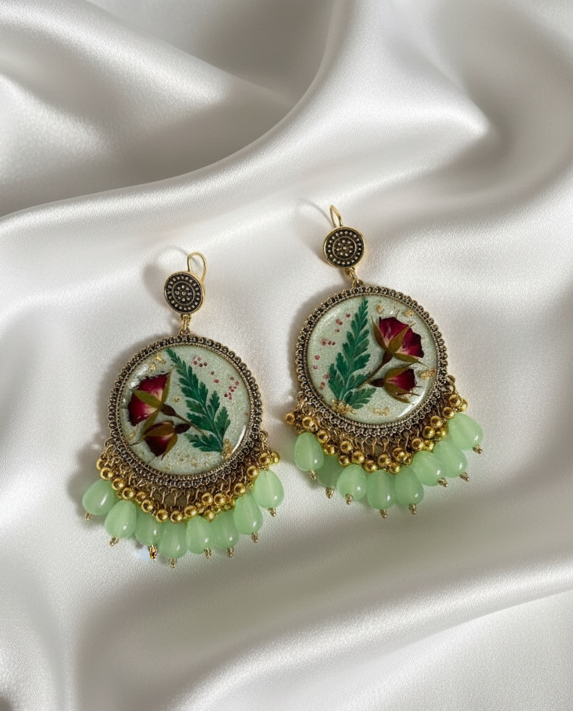 Handcrafted Green Resin Jhumkey with Real Flowers