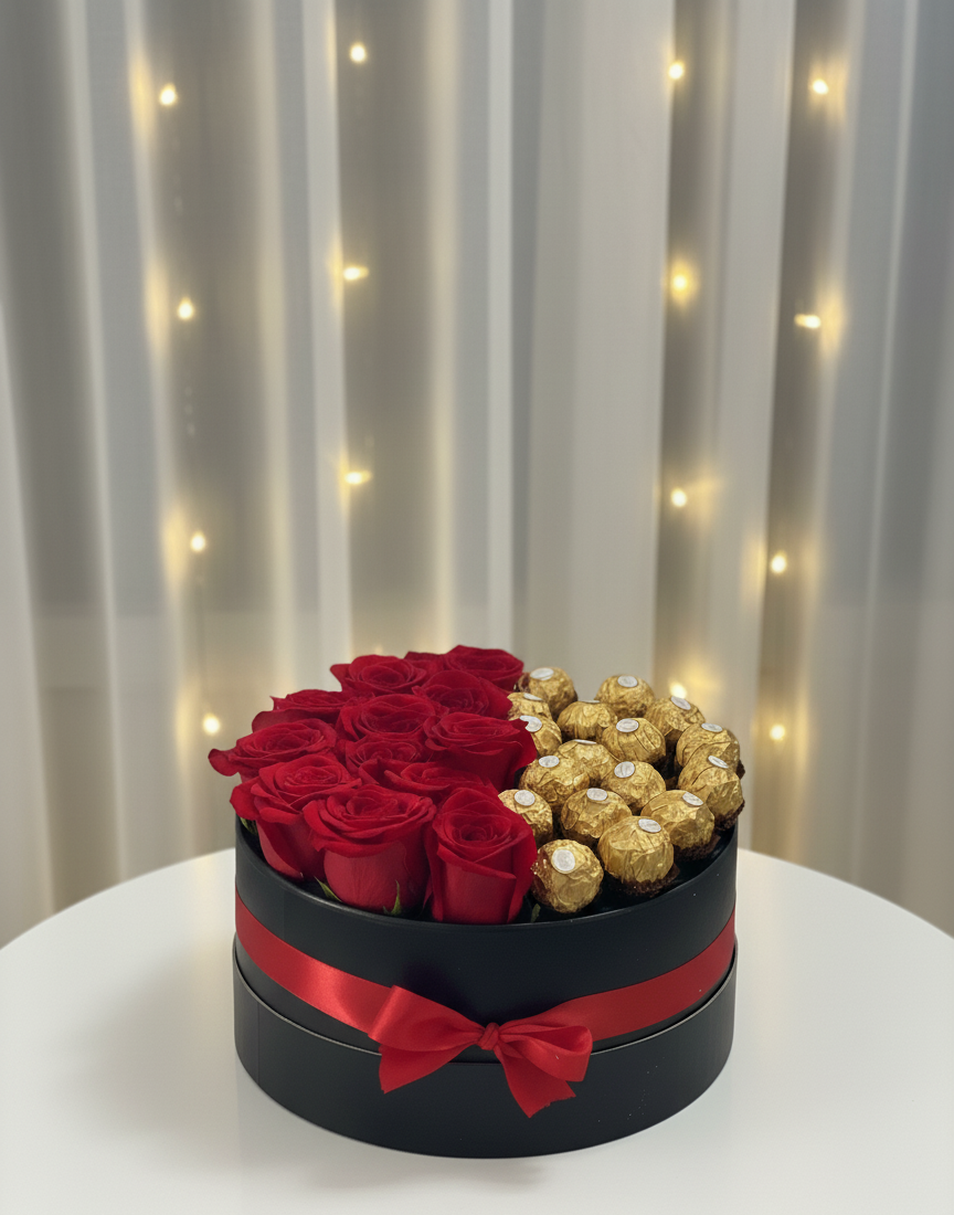 Luxury Round Ferrero Rocher & Red Rose Gift Box