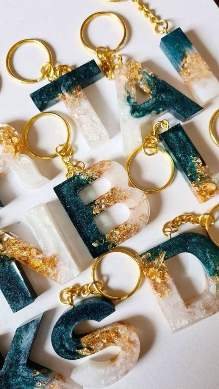 Custom Resin Alphabet Keychains with Gold Foil