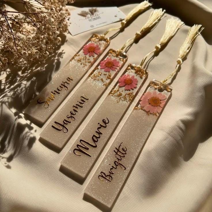 Personalized Floral Resin Bookmarks with Gold Flakes & Tassel