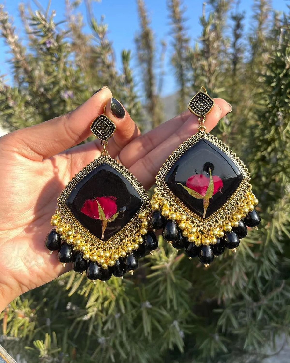 Black & Gold Handcrafted Floral Resin Jhumka